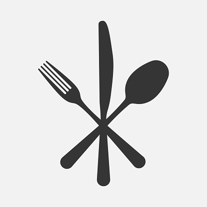 Crossed cutlery silhouette icon. Fork, spoon, knife. Tableware symbol. Vector