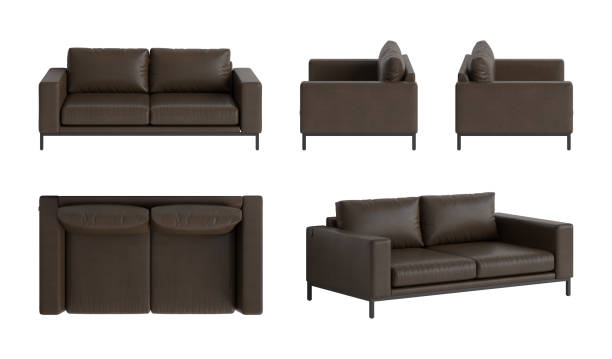 istock Set of five views of a modern three-seater sofa with a dark brown leather cover, rectangular armrests, cushion, and black metal legs. Front view, side views, top view, and perspective view. 1765404909