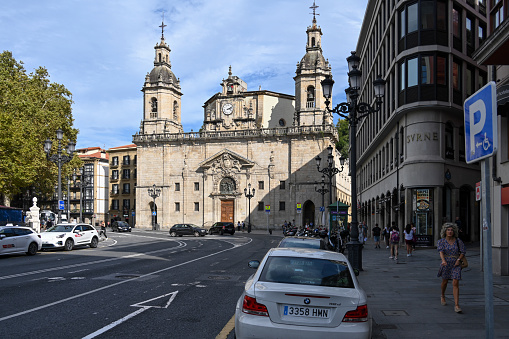 Bilbao, Spain, October 17, 2023 -The baroque Catholic Church of San Nikolas Eliza in the old town of Bilbao, Spain.