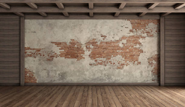 istock Old empty room with brick wall and wooden ceiling 1765438827