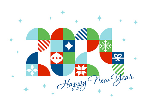 Happy New Year card, decoration elements pattern background. Modern geometric background. Abstract 2024 Typography with icons on grid pattern with text on white background.