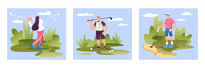 Set of people engaged in sport. Female hits ball with stick. Concept of playing golf. Young men playing golf outside. Flat vector illustration in cartoon style in blue and green colors