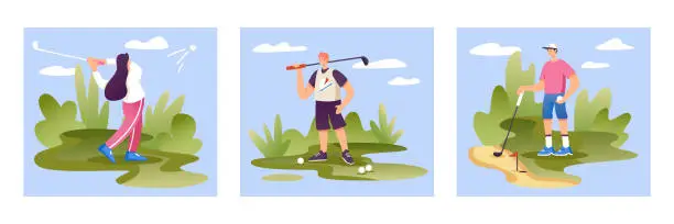 Vector illustration of Set of people engaged in sport. Female hits ball with stick. Concept of playing golf