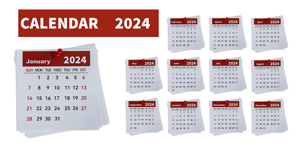 New year 2024 calendar with 12 month from January to December