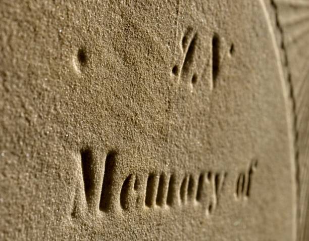 In memory inscription on tombstone from the 1800s. Design element for cemetery and grave sites.
