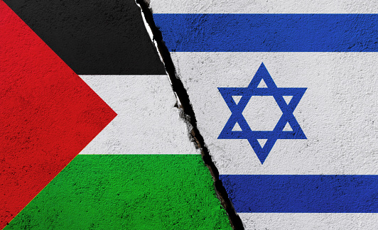 Palestine confrontation with Israel. Concept of flags. War and military.