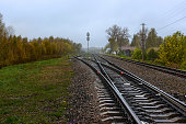Railway in cloudy autumn weather. The rails intersect and go into the foggy distance.