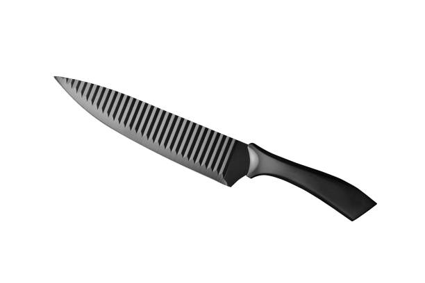 coltello da cucina nero su sfondo bianco - blade steel shiny contemporary foto e immagini stock