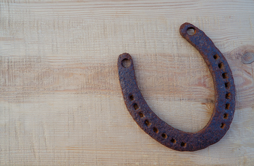 A pair of horseshoes rest on a leather background that provides ample room for copy and text.