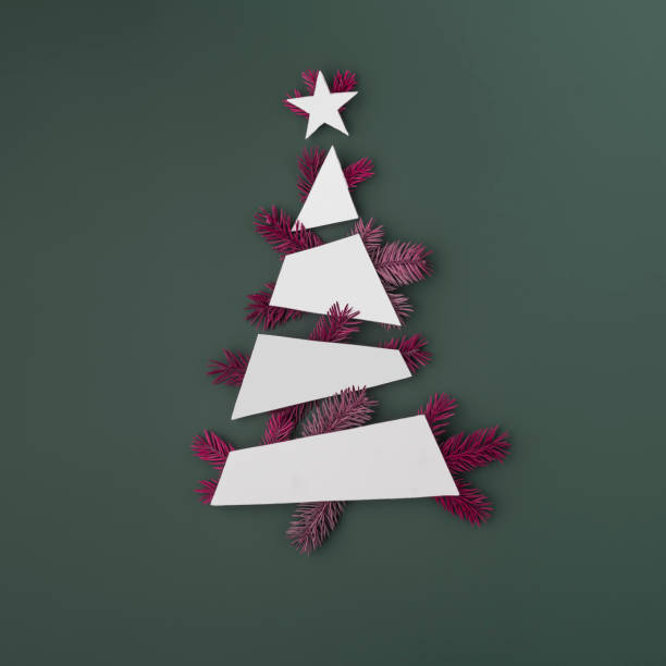 istock Creative minimalistic Christmas tree mockup with pink Christmas tree branches and white geometric shapes on dark background. 1765514598