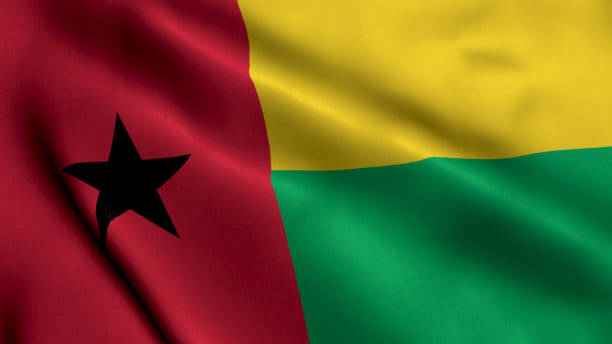기니비사우 국기. 흔들리는 패브릭 새틴 질��감 기니비사우의 깃발 3d 그림입니다. 기니 비사우 공화국의 실제 질감 국기 - guinea bissau flag 뉴스 사진 이미지