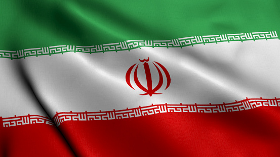 Iran Flag. Waving  Fabric Satin Texture Flag of Iran 3D illustration. Real Texture Flag of the Islamic Republic of Iran