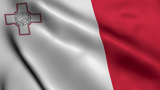 Malta Flag. Waving  Fabric Satin Texture Flag of Malta 3D illustration. Real Texture Flag of the Republic of Malta