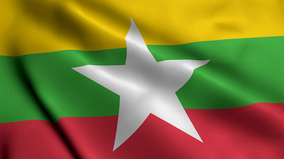 Myanmar Flag. Waving  Fabric Satin Texture Flag of Myanmar 3D illustration. Real Texture Flag of the Republic of the Union of Myanmar