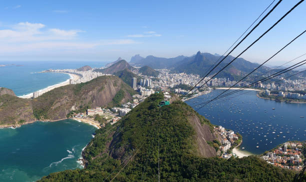 vista aérea panorámica desde la cima del pan de azúcar en la ciudad de río de janeiro - guanabara bay fotografías e imágenes de stock