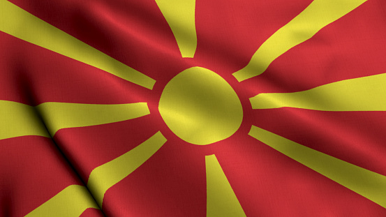 North Macedonia Flag. Waving  Fabric Satin Texture Flag of North Macedonia 3D illustration. Real Texture Flag of the Republic of North Macedonia