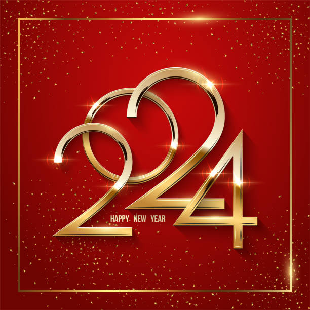 2024 Happy New Year greeting card vector template. Festive Christmas square social media banner design with congratulations. Golden numbers in square frame with confetti realistic illustration on red 2024 Happy New Year greeting card vector template. Festive Christmas square social media banner design with congratulations. Golden numbers in square frame with confetti realistic illustration on red. red frame stock illustrations