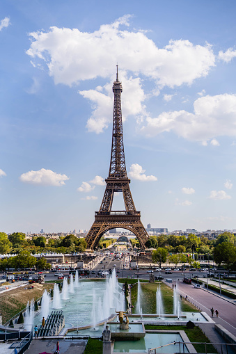 View of the Eiffel Tower and Trocadero fountains in Paris, France