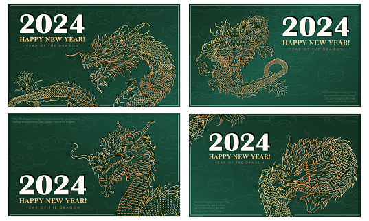 Set of 4 banners with linear hand-drawn Asian dragon as a symbol of 2024 New Year. Greeting cards with golden dragon as Chinese traditional horoscope sign. Luxury vintage posters for Christmas holiday