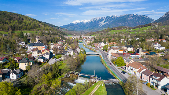 Aerial view of idyllic village Payerbach at the historic Semmering railway in Austria