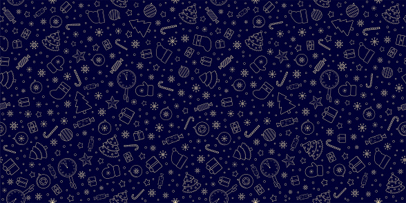 Many Christmas elements repeat design endless background. Dark blue backdrop and golden outline festive objects. Wrapping paper, corporate card, web design.