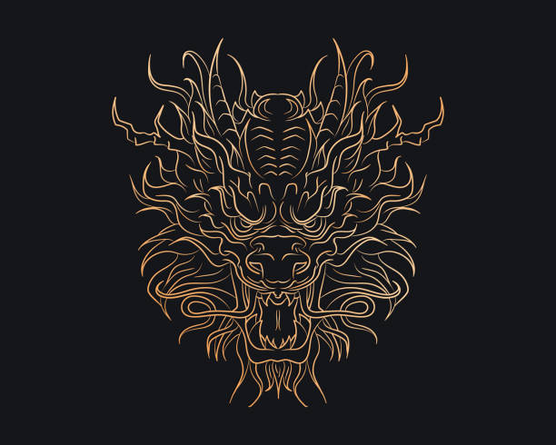 istock Outline hand drawn golden Asian Dragon head 1765591356