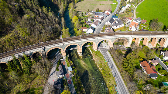 Historic railway viaduct as part of the Semmering mountain train in Payerbach, Austria