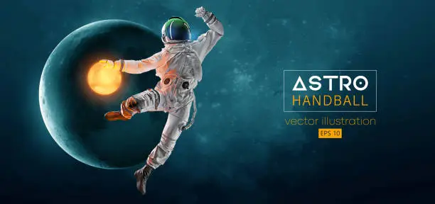 Vector illustration of Abstract silhouette of a handball player astronaut in space action and Earth, Moon planets on the background of the space. 3d render. Vector illustration