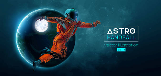 istock Abstract silhouette of a handball player astronaut in space action and Earth, Moon planets on the background of the space. 3d render. Vector illustration 1765593639
