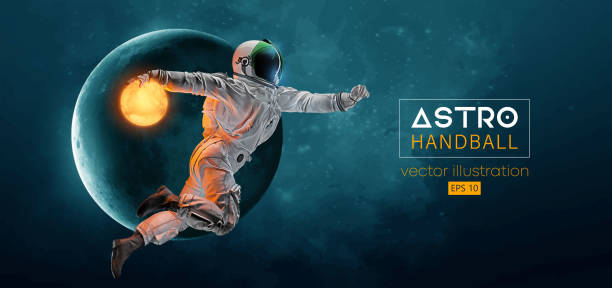 istock Abstract silhouette of a handball player astronaut in space action and Earth, Moon planets on the background of the space. 3d render. Vector illustration 1765593640