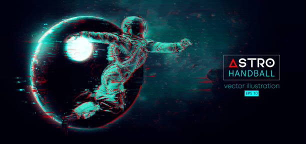 istock Abstract silhouette of a handball player astronaut in space action and Earth, Moon planets on the background of the space. 3d render. Vector illustration 1765593643