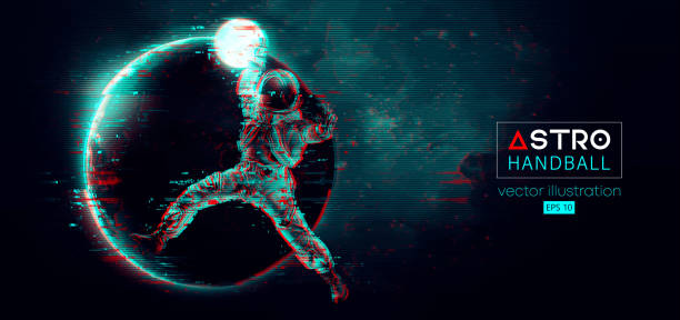 istock Abstract silhouette of a handball player astronaut in space action and Earth, Moon planets on the background of the space. 3d render. Vector illustration 1765593647