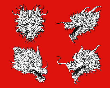 Collection of 4 detailed realistic ink dragon heads in asian style for 2024 Lunar new year. Sketch or tattoo with Chinese mythology creature on red background.