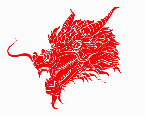 Red solid traditional Chinese or Japanese dragon head in hand drawn style isolated on white background. Mythology Asian animal or monster, devil. Ink oriental dragon for t-shirt prints or tattoo