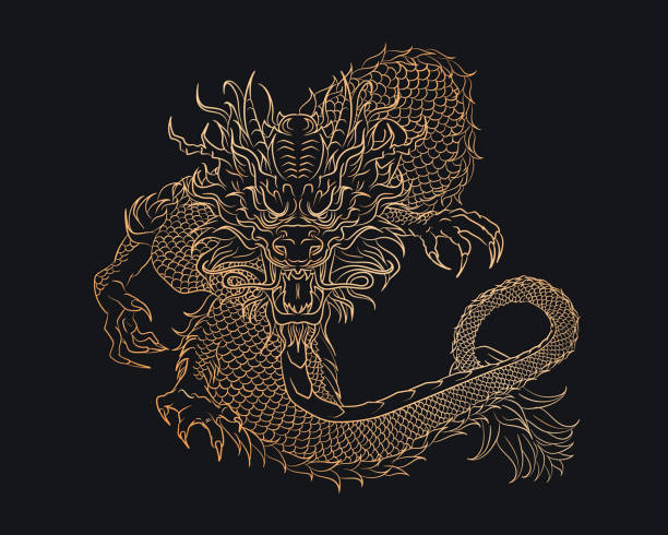 Outline hand drawn golden Asian Dragon Golden silhouette of outline oriental dragon snake on dark blue background. Gothic vintage poster with Asian mythology reptile or monster, devil for t-shirts of tattoo year of the snake stock illustrations