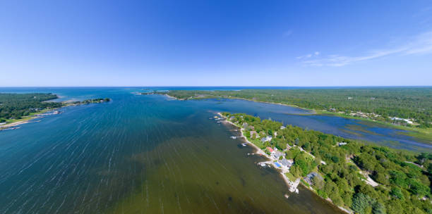 istock Lake view with huts cottages and summer cabins in the dense forest. Beautiful natural scene with fishing houses and property for rent and summer picnic. Huron Lake. 1765597607