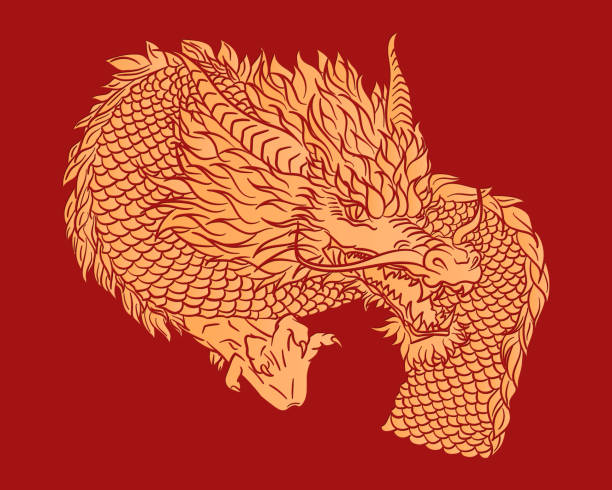 Red poster with golden ink dragon in asian style for 2024 Lunar New Year Vintage luxury poster with traditional golden Chinese dragon on red background. Mythology animal in Asian style. Solid ink dragon tattoo drawing of chinese dragon sketch stock illustrations