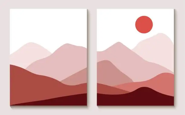 Vector illustration of Sunset against the backdrop of the mountains. Poster in boho style. Nature landscape.
