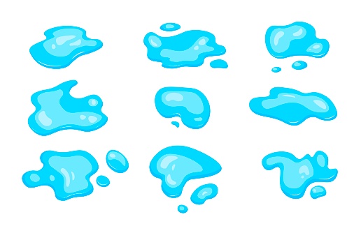 A puddle of spilled water. Shape of spilled liquid. splash and splash of clear, clean water. Design in cartoon style. Vector isolated illustration.