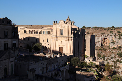 Matera, Basilicata, Italy - 29 october 2023: Belvedere of Duomo Square - Convent of Sant'Agostino, an Italian national monument, located in Sasso Barisano and built in 1593, together with the church of the same name, on the ancient rock crypt of San Giuliano dating back to the 12th century.