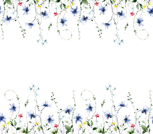 istock Watercolor seamless floral border frame on white background. Red, blue wild flowers, branches, leaves and twigs. 1765611000