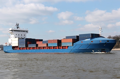container ship on the river Elbe inbound Hamburg