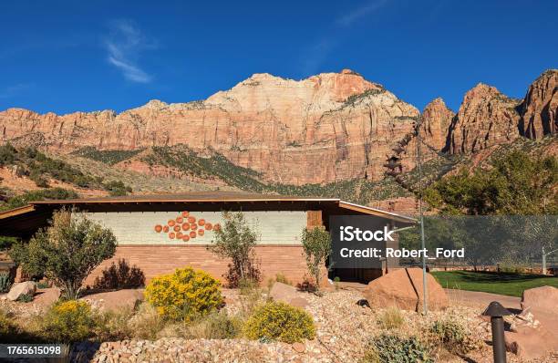The Community Center And Public Library In Springdale Utah With Backdrop Of Canyon Walls In Zion National Park Stock Photo - Download Image Now