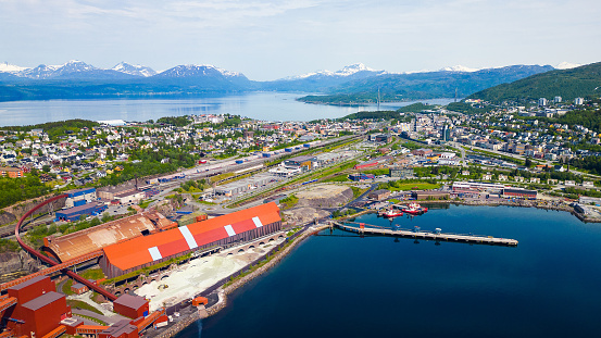 Narvik, Norway - June 20, 2023: Narvik harbor and city centre in Norway seen from the air on a summer day