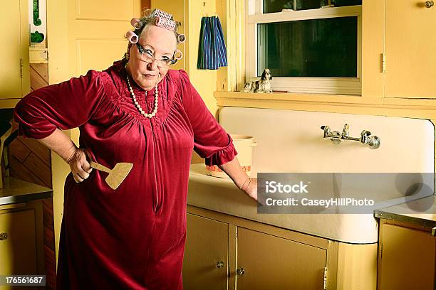 Grumpy Granny In Kitchen Stock Photo - Download Image Now - Bathrobe, Muumuu, Senior Women