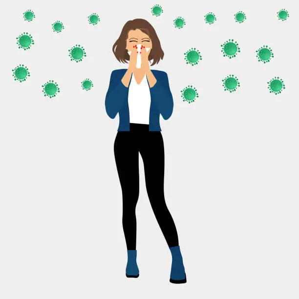 Vector illustration of Woman experiencing runny nose due to viral diseases