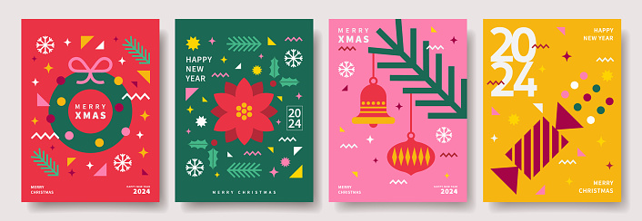 Merry Christmas and Happy New Year abstract geometric cards design. Modern Xmas design with typography, geometric patterns and elements. Vector templates for banner, poster, holiday cover.