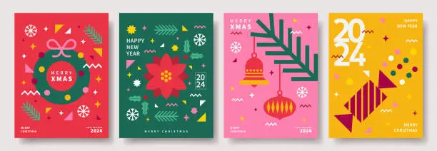 Vector illustration of Merry Christmas and Happy New Year abstract geometric cards design. Modern Xmas design with typography, geometric patterns and elements. Vector templates for banner, poster, holiday cover.