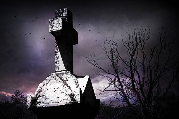istock Old cross tombstone with dead tree, moody sky background 176567139