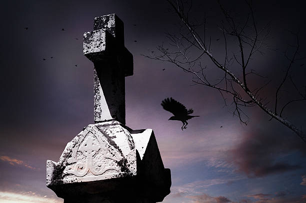 istock Old cross tombstone with crow, moody sky background 176567170